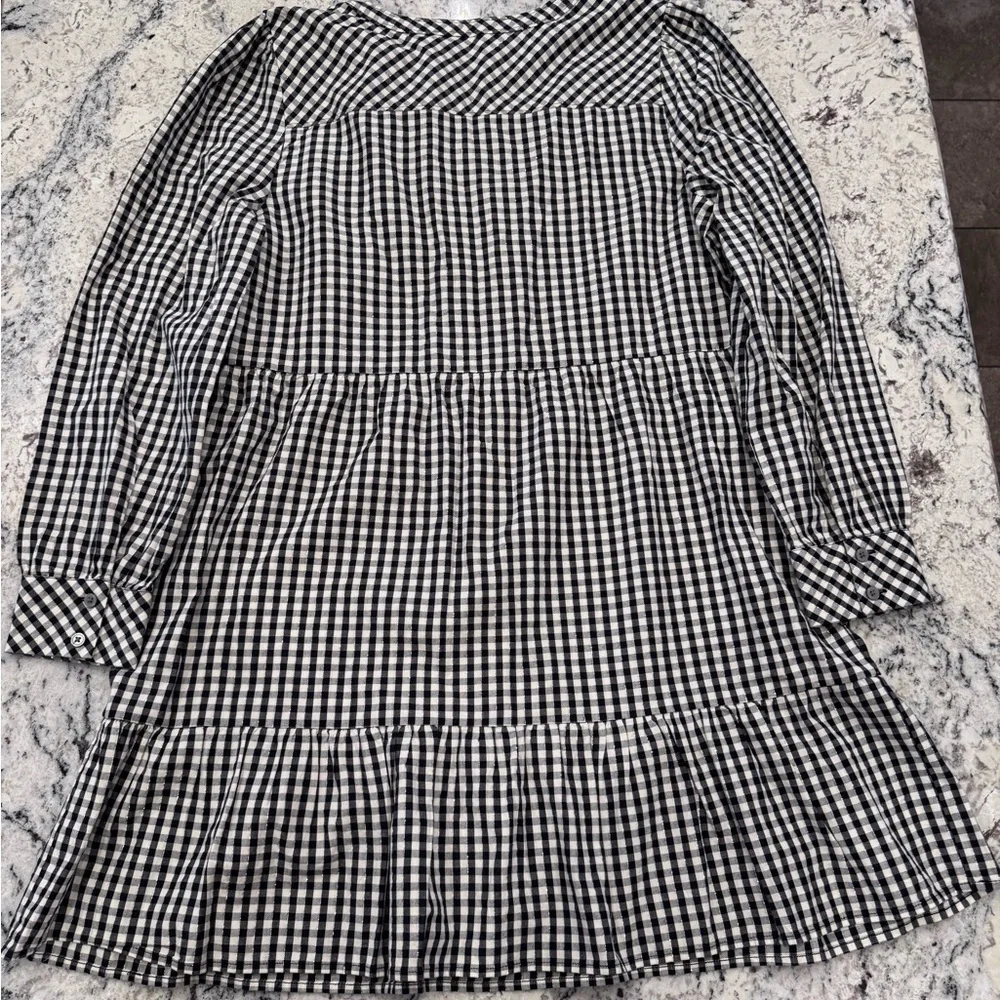 LOFT Black & Cream Gingham Tiered Mini Dress- size large - Picture 8 of 9